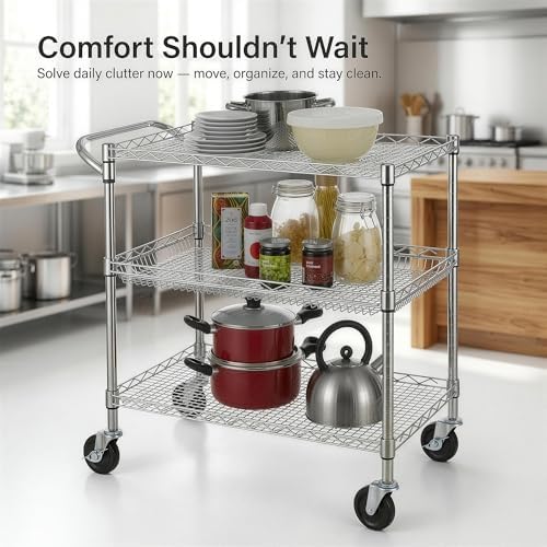Finnhomy 3 Tier Heavy Duty Commercial Grade Utility Cart, Wire Rolling Cart with Handle Bar, Steel Service Cart with Wheels, Utility Shelf Plant Display Shelf Food Storage Trolley, NSF Listed - Image 7