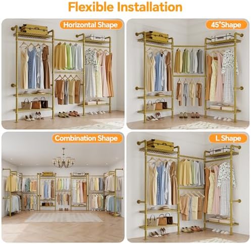 Higeego W3 Wall Mounted Clothes Rack, Industrial Pipe Clothing Rack, Gold - Image 6