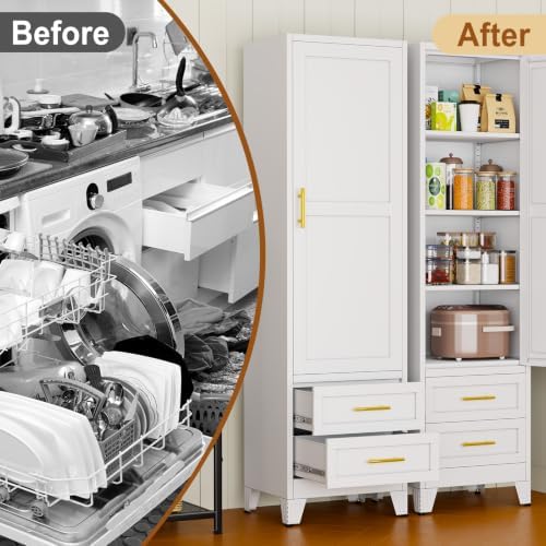 Tall Metal Narrow Storage Cabinet 67" H with 2 Drawer, White Pantry Cabinets with 3 Adjustable Shelves and Door,Tall Bathroom Cabinet for Kitchen, Home Office, Living Room, Dining Room - Image 7