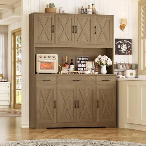 HOSTACK 71" Tall Kitchen Pantry Storage Cabinet, 55" W Kitchen Hutch, Brown - Image 4