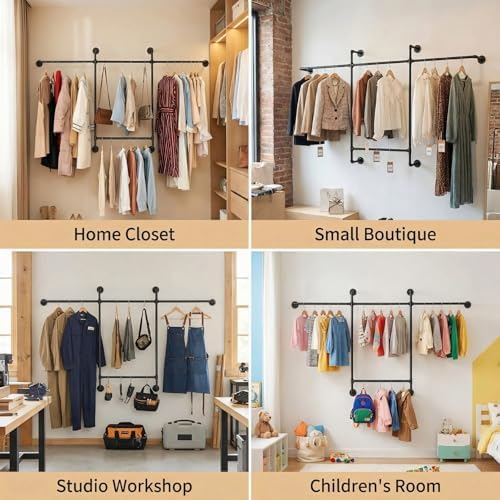 Industrial Pipe Clothing Rack, Hanging Garment Rack, Wall Mounted Pipe Clothes Rack with Four Hanging Rods, Heavy Duty Garment Rack, Industrial Steampunk Closet Organizer Hall Tree (Metal Pipes-Black) - Image 6