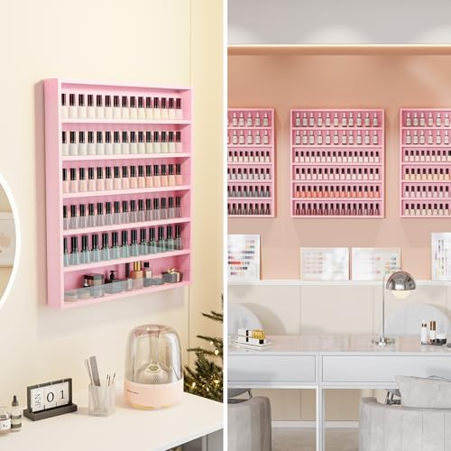 OmySalon Nail Polish Organizer Wall Mount - Holds 200 Bottles with Acrylic Barrier, Salon Display Rack for Home Spa & Nail Studio - Assembly Required, Wooden Polish Storage (Pink, 6-Tier) - Image 2