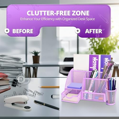Flexzion Desk Caddy Organizer Set (Purple) - Metal Mesh Desktop Caddy with Drawers, 6 Compartments, and Pencil Holder for Women & Men - Desktop Organizer and Storage for Work or Office Supplies - Image 5