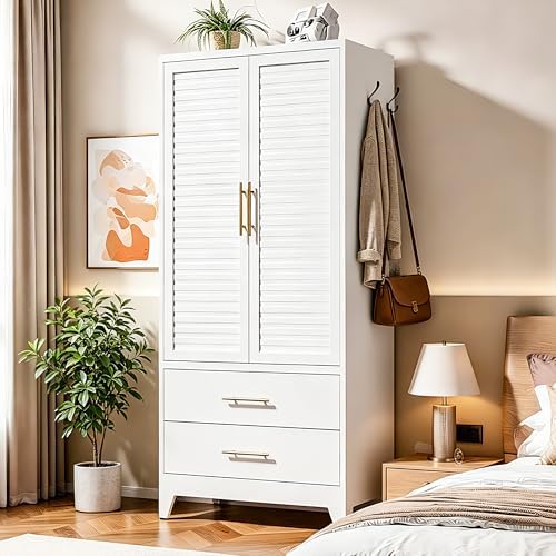 Metal Armoire Wardrobe Closet, 71" Clothing Storage Cabinets with Adjustable Hanging Rod and Shelves , Louvered Doors, 2 Side Hooks & 2 Drawers - Closet Cabinet for Bedroom, Laundry Room, Cloak Room by YUKIMO