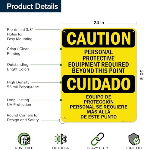 Caution Personal Protective Equipment Required Beyond This Point Bilingual Osha Sign, 24x30 Inches, 55 mil thick HDPS (high density polystyrene), Made in USA by My Sign Center - Image 6