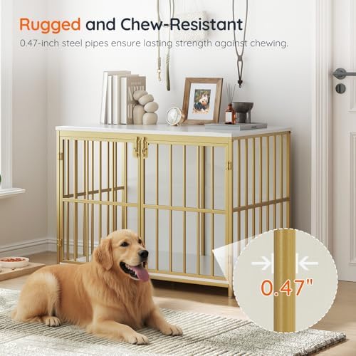 HOOBRO 38.6" Dog Crate Furniture, Wooden Dog Kennel Indoor, Heavy Duty Dog Cage for Small/Medium Dog, Decorative Side End Table, White and Gold DW100GW03 - Image 2