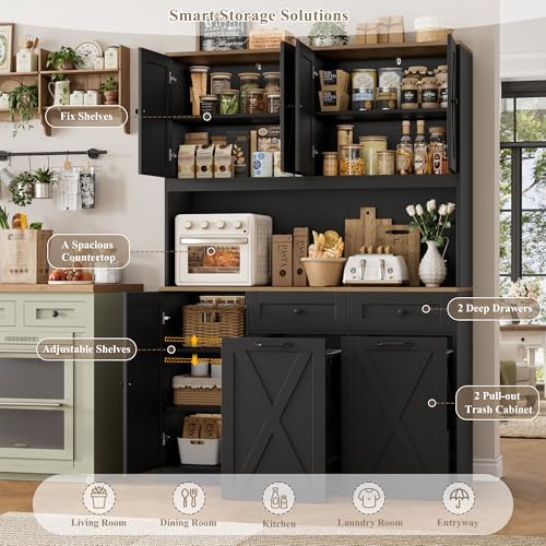 HOSTACK 71" Kitchen Pantry with 12.5 Gallon Double Trash Can Cabinet, Black - Image 5