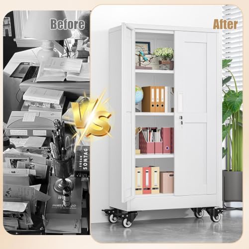 47" Metal Garage Storage Locker Cabinet with Wheels,Rolling White Kitchen Pantry Cabinet with 2 Doors and 3 Adjustable Shelves, Steel File Tool Cabinet for Home Office Living Dinning Room Warehouse - Image 7