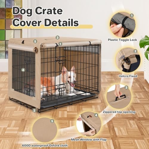 Seiyierr Dog Crate Cover - Kennel Cover Fit for 24 Inch Dog Crate, Double Door Polyester Crate Cover for Wire Dog Crate Indoor Outdoor Protection, Beige - Image 3