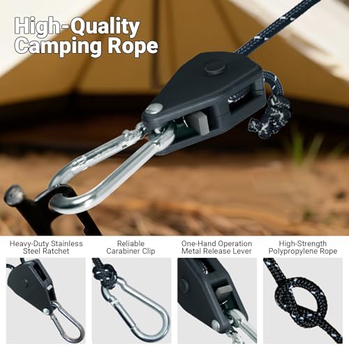 Camping Ropes Guy Line - Tarp Tie Down Ropes with Ratchet System, Pulley & Reinforced Metal Gear - Adjustable Heavy Duty Guy Lines for Canopy Tent, Quick Setup Outdoor Strap-4Pack - 6Pack - Image 4
