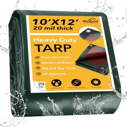 Winpull Tarp 10x12FT, 20 Mil Thinked Tarps Heavy Duty Waterproof, Multipurpose Poly Tarp Cover for Outdoor Camping Pool Car Tent, Green/Brown Tarp by Winpull