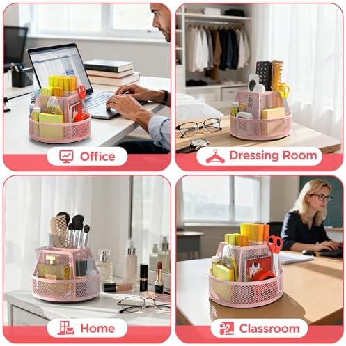 Docnest 360°Rotating Mesh Desk Organizer,6-Compartment Pen Holder,Pink - Image 5