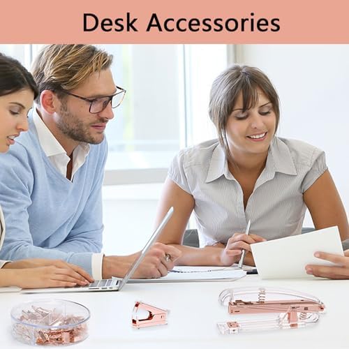 suniya Office Supplies Rose Gold Desk Accessories Set Office Supplies Kit with Stapler, Tape Dispenser, Scissors, Staple Remover, Ballpoint Pen, Clear Tape & Staples – Best Gift for Business or Boss - Image 4