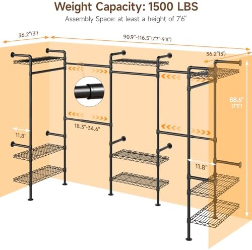 ONBRILL U5 Wall Mounted Closet System, Industrial Pipe Clothing Rack, Black - Image 2