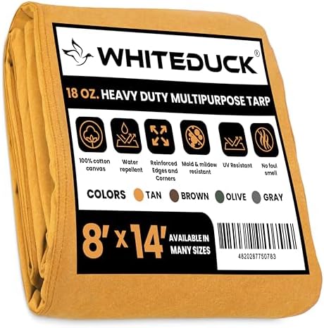 WHITEDUCK Canvas Tarp 18 oz. Heavy Duty Water Repellent UV Resistant, Rustproof Grommets, Industrial & Commercial Use Cloth Tarp (Cut Size: 8'x14', Finished Size: 7'6"x13'6", Tan) by WHITEDUCK