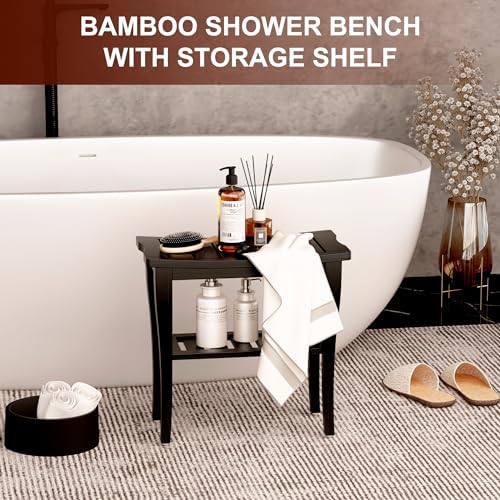 Bamboo Shower Bench Stool with Storage Shelf, Waterproof Shower Chair Spa Bath Seat, Shower Stool for Inside, Bathroom Bench Seat for Adults Elderly Seniors for Indoor or Outdoor Use(Black) - Image 2