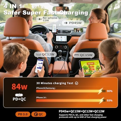 2 Pack 84W Retractable Car Charger, 4-in-1 Car Adapter USB C Fast Charging - Image 2