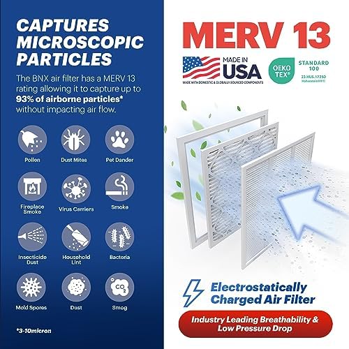 BNX TruFilter 16x16x1 Air Filter MERV 13 (4-Pack) - MADE IN USA - Electrostatic Pleated Air Conditioner HVAC AC Furnace Filters for Allergies, Pollen, Mold, Bacteria, Smoke, Allergen, MPR 1900 FPR 10 - Image 2