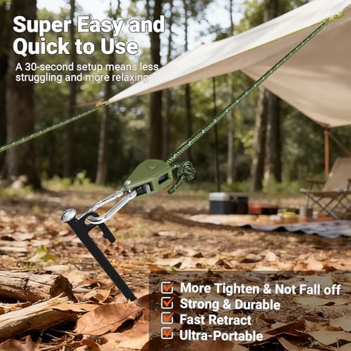 Camping Ropes Guy Line - Tarp Tie Down Ropes with Ratchet System, Pulley & Reinforced Metal Gear - Adjustable Heavy Duty Guy Lines for Canopy Tent, Quick Setup Outdoor Strap-4Pack - 6Pack - Image 5