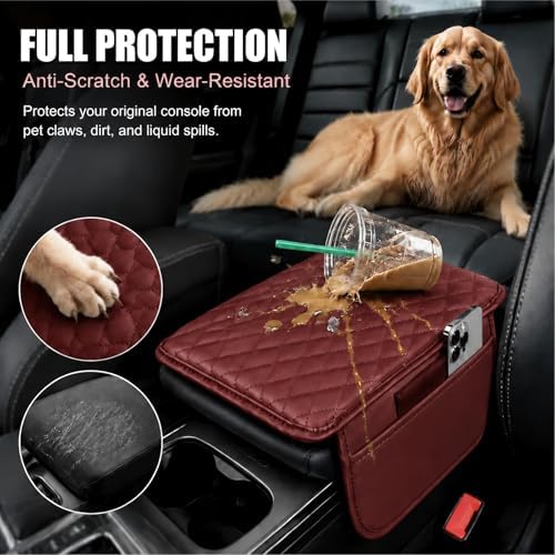 Car Center Console Cover, Upgraded Microfiber Leather Car Armrest Cover Cushion, Scratch-Resistant Armrest Storage Pad with 2 Storage Bags, Universal for SUV, Sedan, Truck (Red) - Image 5