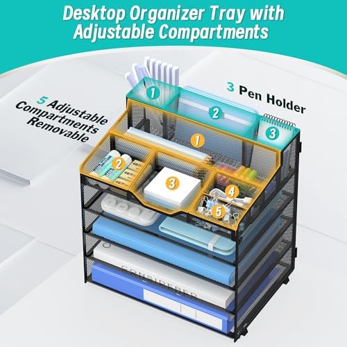 5 Tier Mesh Paper Desk Organizer with Pen Holders, Black - Image 5