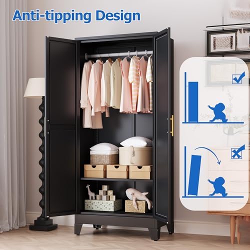 GAIOUS Metal Wardrobe Cabinet with Mirror and Hanging Rod, 71" Black - Image 6