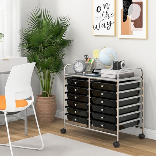 Giantex 12 Drawers Rolling Cart, Mobile Storage Drawer Cart, Classroom Organizer Cart for Office School Supplies Tools Scrapbook Paper Craft Small Printer, Utility Cart on Wheels, Black - Image 4