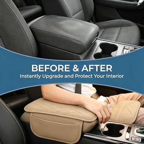 Car Center Console Cover, Leather Car Armrest Cover with 2 × Storage Bags, Waterproof Auto Arm Rest Covers Pad, Universal Console Covers for Storage Box Protector for Vehicle SUV Truck (Beige) - Image 6