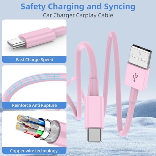 LDHTY CarPlay Charging Cable, USB A to USB C Cable, 2-Pack 6FT, Pink - Image 2