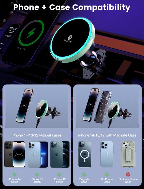 for Magsafe Car Mount Charger 15W LED RGB Car Phone Holder for Dash Vent - Image 3