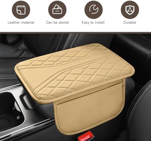 WZP Car Center Console Cover, Leather Arm Rest Cover with 2 Storage Bag, Console Cover for Car Storage Box Protector, Universal for Sedan SUV Truck (Beige) - Image 3