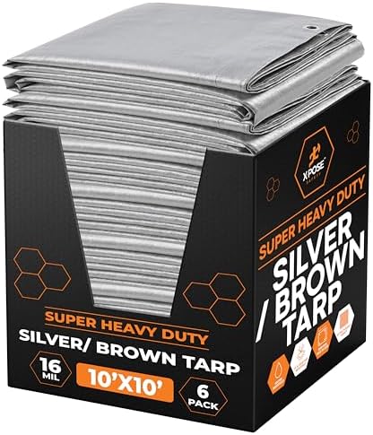 Xpose Safety Super Heavy-Duty 10' x 10' Silver/Brown Poly Tarp Bulk (6-Pack) - 16 Mil Waterproof & UV Resistant, Rip-Proof with Reinforced Edges & Grommets by XposeSafety