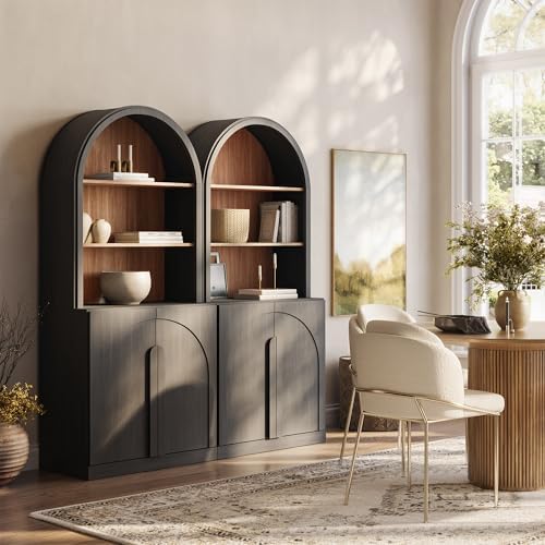 BELLEZE Arched Bookshelf with Storage Set of 2, 71" Tall Wood Curio Display Cabinet with Adjustable Shelf, 5 Tier Modern Bookcase Shelf with Door for Living Room Office, Ebony by BELLEZE