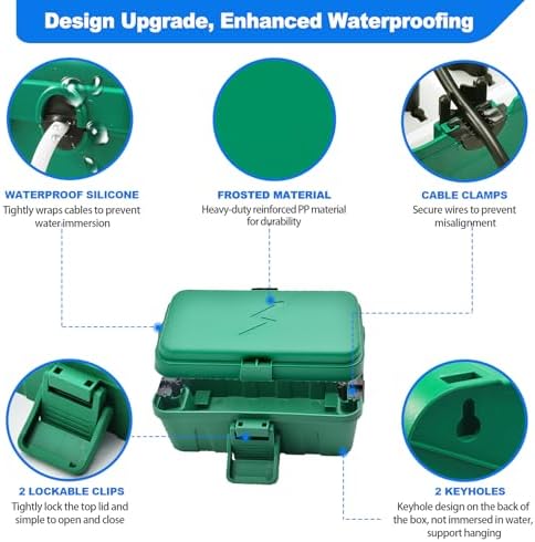 Hrensaw Small Weatherproof Electrical Connection Box(Inner 5.5 x 3 x 2.2inch),Outdoor Electrical Box,Waterproof Extension Cord Covers for Plug, Extension Cables, Holiday Lights,Green - Image 3