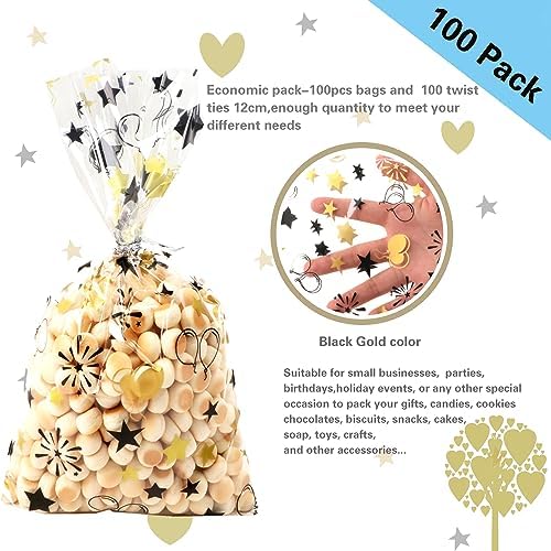 COQOFA 100 Pcs Black Gold 6"X10" Star Printed Gift Wrap Cellophane Bags with Twist Ties for Birthday, Graduation, Wedding, Christmas, Halloween - Image 3