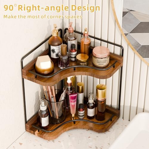2-Tier Corner Bathroom Counter Organizer, Larger, Acacia Wood - Image 5
