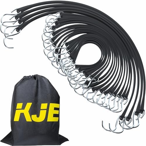 KJE 20Pack (15", 21", 31") Rubber Bungee Cords with S Hooks - Quality EPDM, Heavy Duty Black Bungee Straps, Ideal for Outdoor Tie Downs, Securing Tarps, Canvases, Cargo in Cold Hot Climates by KJE