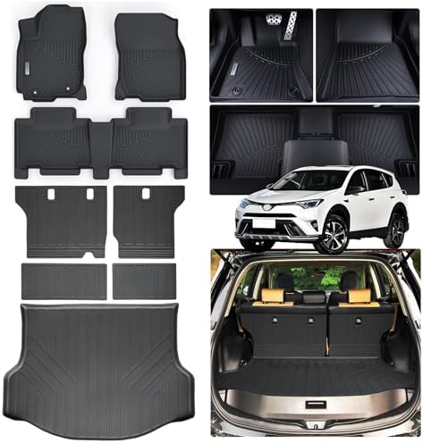 Floor Mats & Trunk Mat Backrest Mat for Toyota RAV4 2013-2017 2018（Not for Hybrid or Prime） TPE All Weather Protection 2 Rows Full Set Car Mats with Velcro Rear Seats Backrest by SANBAN-AXE