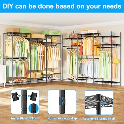 Ulif E13 Heavy Duty Clothes Rack（With 4 Hanger Rods & 8 Shelves） Freestanding Clothing Racks for Hanging Clothes，Adjustable Closet Organizer，Metal Garment Rack 63" W x16 D x77 H，Max Load 900LBS，Black - Image 4