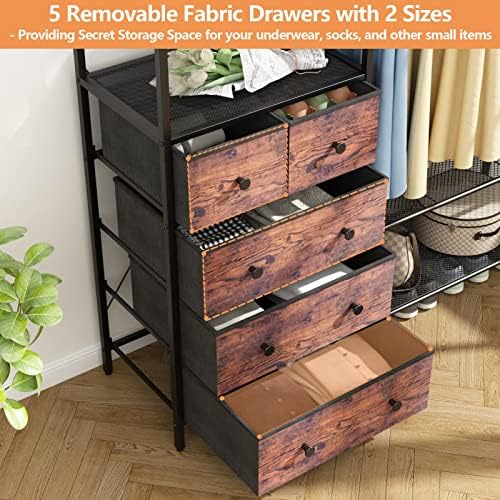 Freestanding Clothes Rack with 5 Drawers & 4 Storage Shelves,2 Hanging Rods - Image 5