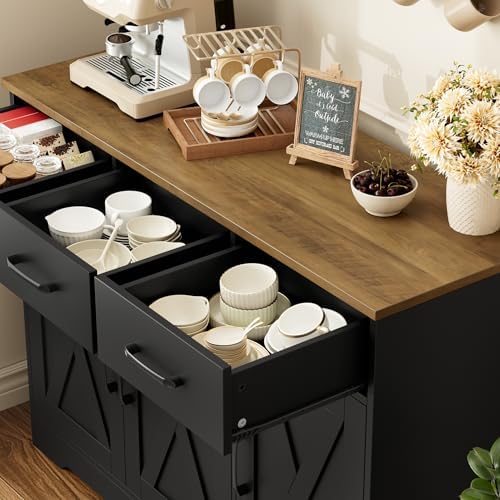 HOSTACK Kitchen Buffet Cabinet with Storage, Sideboard Coffee Bar, Black - Image 6