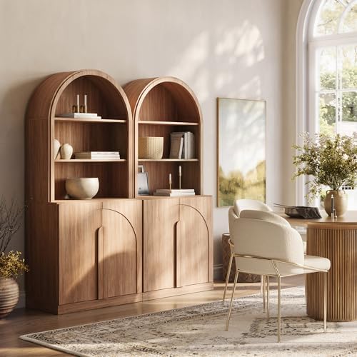 BELLEZE Arched Bookshelf with Storage Set of 2, 71" Tall Wood Curio Display Cabinet with Adjustable Shelf, 5 Tier Modern Bookcase Shelf with Door for Living Room Office, Camel by BELLEZE