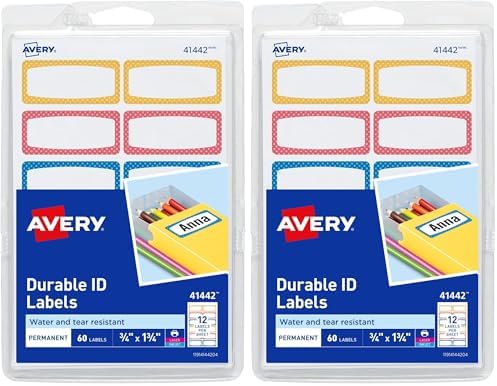 Avery Durable Labels for Kids' Gear, 3/4" x 1-3/4", Assorted Border Colors, Water-Resistant Labels, 60 Count (41442), (Pack of 2) by Avery