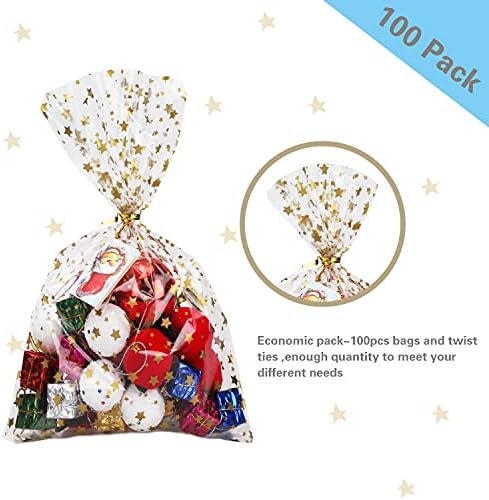 100 Pcs Star Printed 4"X 9" Gift Wrap Cello Cellophane Treat Bags Party Favor bags Clear Candy Cookie Bags Plastic Poly Goodie Storage Bags with Twist Ties for Bakery,Birthday, Wedding ,Party Decorations (Gold) - Image 3