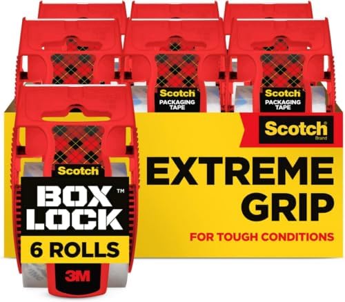 Scotch Box Lock Packing Tape,Clear,Extreme Grip Box Packaging Tape for Shipping and Mailing,1.88 in. x 22.2 yd.,6 Rolls with Dispensers,(Pack of 6) by ScotchBrand