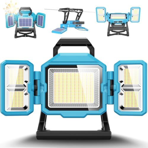 600W Solar 52000MAh Rechargeable Work Light, 52000 Lumen Foldable LED Work Lights with 3 Modes,Stand 360° Rotatable,IP66 Waterproof Portable Cordless Job Site Lighting for Construction Site, Workshop by Zenndpoon