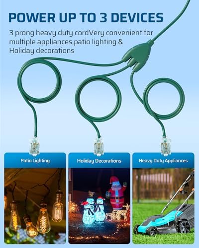 DEWENWILS 40FT(22'+6'*3) Outdoor Extension Cord 360° Rotating Flat Plug Green - Image 2