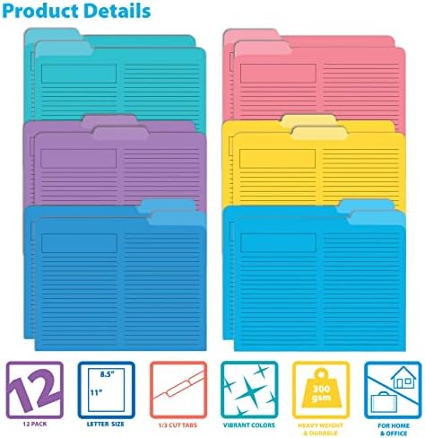 Better Office Products Lined File Folders, 12 Pack, Heavyweight, 1/3 Cut Tabs, 6 Vibrant Colors, Top Custom Subject Box, Letter Size Folders, 9.5" x 11.5", - Image 3