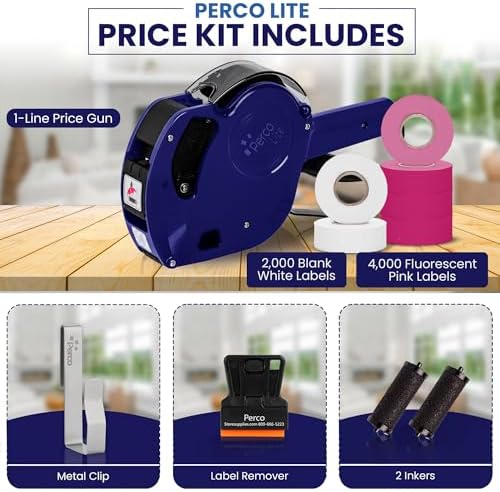 Perco Price Gun 1-Line Kit with 2 White 4 Pink Rolls, Clip & Ink Rollers - Image 2