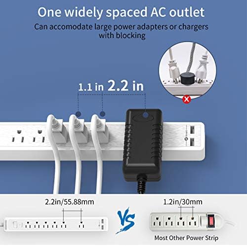25ft Extension Cord Power Strip, 6 Outlets Surge Protector with 2 USB Ports, 15 A Circuit Breaker, Widely Spaced Outlet, Long Power Strip with Flat Plug Wall Mount for Home Office, Old House - Image 4